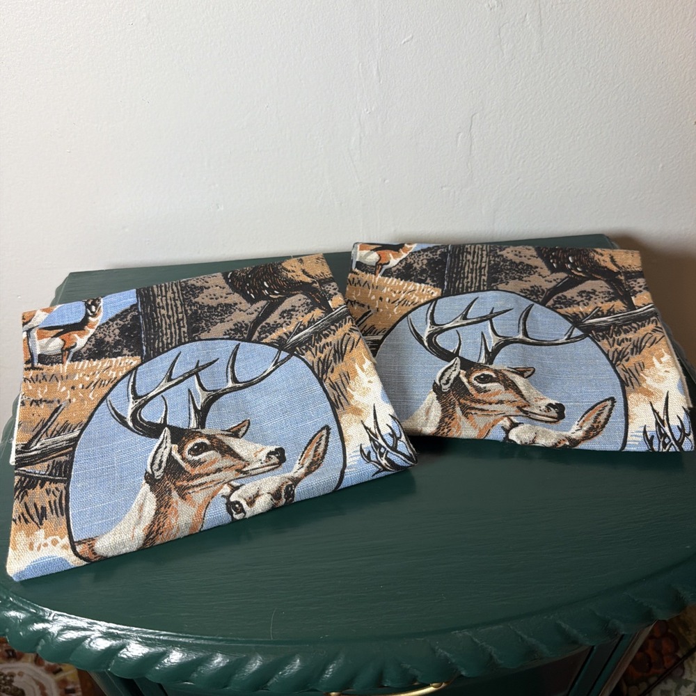 Vintage Linen Tea Towels Woodland Wildlife Animals Deer Elk Bison Cabin Decor 2
